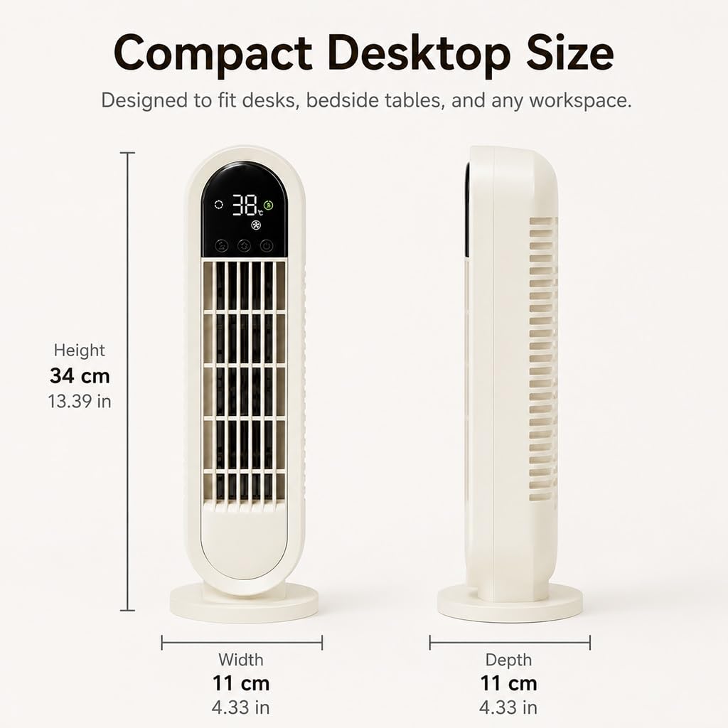 Ventilatore Senza Pale Con Display LED, Oscillazione A 60° E 3 Velocità | Ricaricabile,Ventilatore A Torre Per Scrivania, Camera Da Letto E Ufficio, Soluzione Di Raffreddamento Compatta