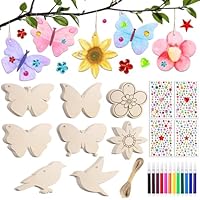 57 Stück Bastelsets für Kinder, Basteln Kinder Schmetterling Blume Vogel Holzanhänger zum Bemalen, Kindergeburtstag Basteln Mädchen, DIY Kreativsets mit Aquarellstift Edelsteinaufkleber