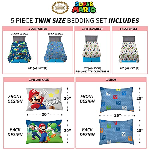 Image of Super Mario Kids Bedding Set, Twin Size 5 Piece Comforter and Sheet Set with Sham, (Officially Licensed Product) by Franco