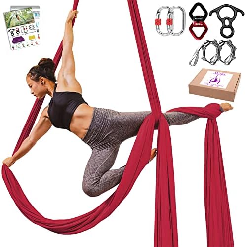 Aerial Yoga Silks 9 Yards Hammock Kit (Low-Medium Stretch) for Aerial Dance, Flying Yoga, Yoga Starter Kit with Hardware Set - Swing for All Levels, Suit for 8-13 ft Ceiling Height (Dark Red)