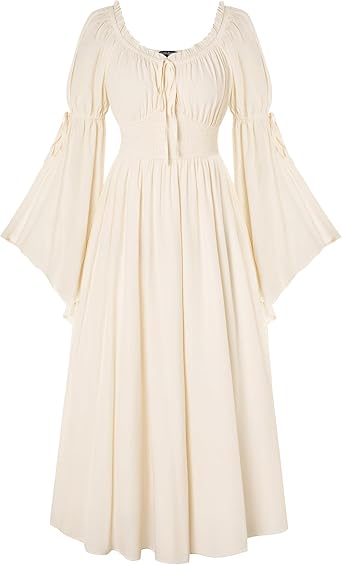 SCARLET DARKNESS Dames Renaissance jurk, middeleeuws boerenkleed, schoudervrij, lange klokmouwen jurken, zwart, S