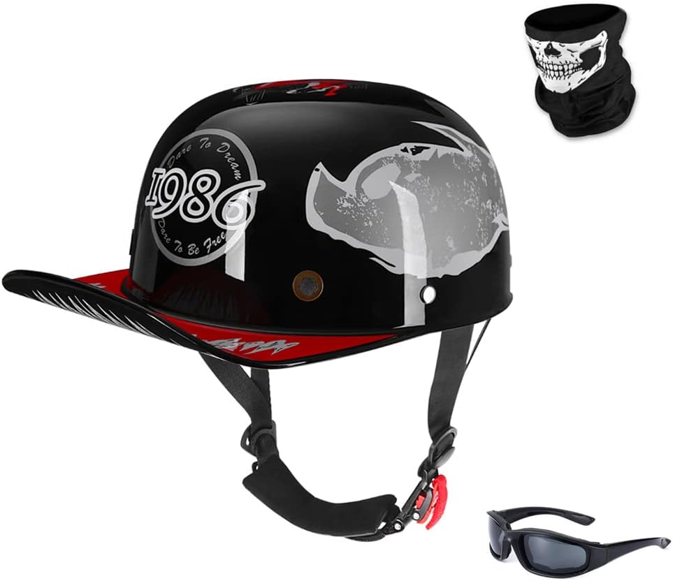 Vintage Retro Open Face Motorcycle Helmet Baseball Cap Half Helmets Men Women for Moped Cap Jet Scooter Street Cruiser with Mask Glasses - DOT Certified