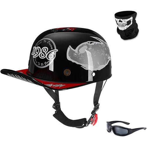 Vintage Retro Open Face Motorcycle Helmet Baseball Cap Half Helmets Men Women for Moped Cap Jet Scooter Street Cruiser with Mask Glasses - DOT Certified