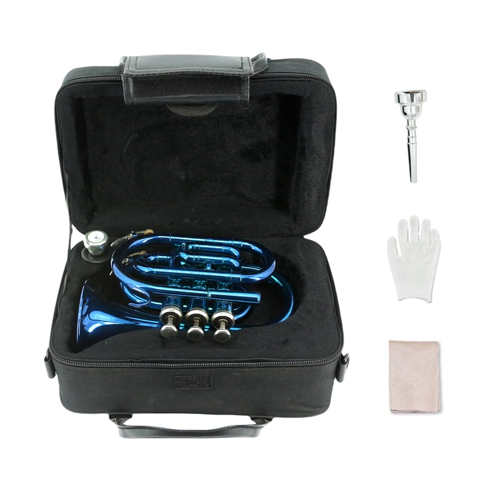 Tromba tascabile professionale in ottone, finitura laccata, con custodia per il trasporto e accessori per la pulizia per principianti e musicisti (blu)