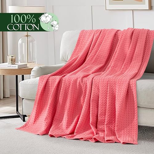 Image of Elegant Comfort Premium 100% Cotton Waffle Blanket - Lightweight Breathable Waffle Weave Bed Blanket - Soft and Warm All Season Blanket for Couch, Sofa and Bed, King Size 90x108 Inches, Coral