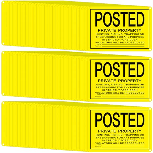 Tandefio 100 Pcs No Trespassing Sign Bulk Metal Private Property Reflective Aluminum Weatherproof Posted Sign No Hunting Fishing Trapping Warn Indoor Outdoor Yard Home Use(Yellow 10 x 7 Inch)