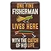 Open Road Brands Fisherman with The Catch of His Life Embossed Metal Sign - Funny Fishing Wall Art for Garage, Lake House or Man Cave
