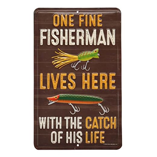 Fisherman With the Catch of His Life Embossed Metal Sign