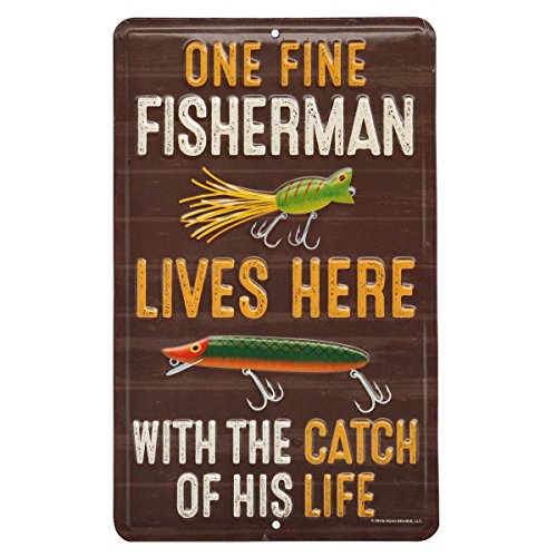 Fisherman With the Catch of His Life Embossed Metal Sign - Funny Fishing Wall Art for Garage, Lake House or Man Cave