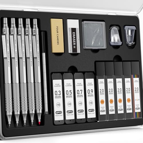 Image of Four Candies Metal Mechanical Pencil Set, 4PCS 0.3, 0.5, 0.7, 0.9MM Mechanical Pencils & 2MM Drawing Pencil with 9 Tubes Lead Refills (4B 2B HB 2H Color) for Student Writing Artist Sketching - Silver