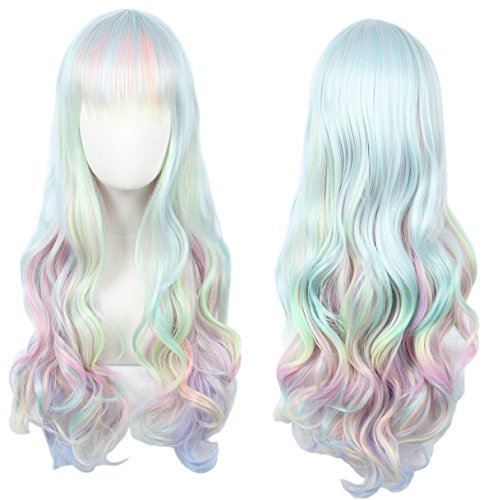 Linfairy Peluca de cosplay de onda larga degradada disfraz de Halloween peluca de arco iris con diamantes para mujer