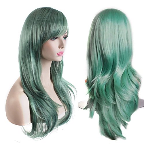 BERON 24 Inches Mint Green Long Wavy Wig with Bangs Heat Resistant Synthetic Hair Green Cosplay Party Wig