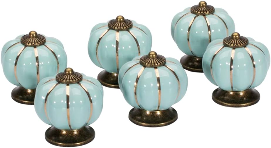 Vintage Ceramic Pumpkin Door Knobs 6 Pack Kitchen Cabinet Drawer Dresser Cupboard Pull Handle Knob with 3 Kinds of Screws (Light Teal)