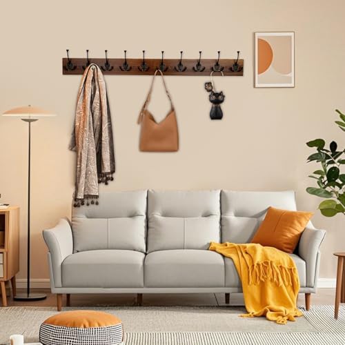 Image of IBosins 34'' Coat Rack Wall Mount with 10 Decorative Tri-Hooks, Heavy Duty Wood Coat Hanger, Rustic Coat Hooks Rail for Entryway Living Room Coat Scarf Bag Towel Hat