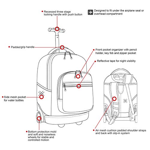 J World New York Sunrise Rolling Backpack. Roller Bag with Wheels, Indigo, 18