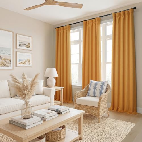 Image of HPD Half Price Drapes - Faux Linen Curtains for Living Room (1 Panel) - 50W X 96L - Textured Room Darkening Curtains for Bedroom 96 Inches Long - Drapes for Home Decor, Dandelion Gold