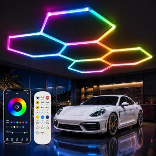 ZTANHOUSE 25Pack RGB Hexagon led Garage Lights,5 Hexagon Light with Multi Color,Dimmable&Speed Adjustable RGB Hex Wall Lights,DIY Design for Remote Control
