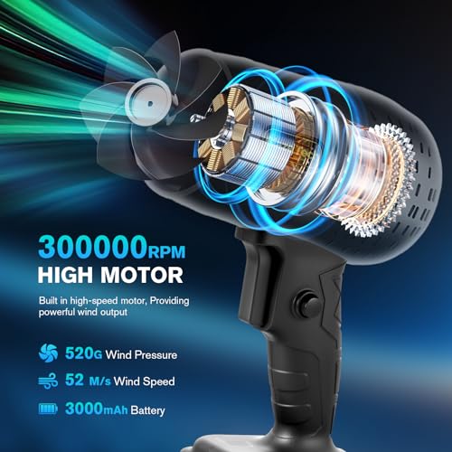 Image of Cordless Leaf Blower, 300000RPM Handheld Blower 2 X 3.0Ah Batteries and Charger Included, Portable Lawn Sweeper for Patio Cleaning, Car Window and Dust