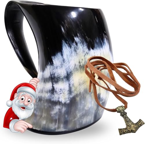 ZAHANAARA Horn Mug - Beer Mug | Rustic Viking Drinking Horn for Mead, Ale, Beer | Handmade Drinking Cups for Norse Myth Fans | Unique Gifts for Men & Women | Viking Tankard Gift, Made From Ox - 16oz