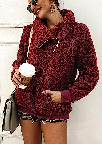 KIRUNDO Sherpa Pullover Womens Fleece Zip Sweatshirt Fall(Wine Red, XL) - image 4