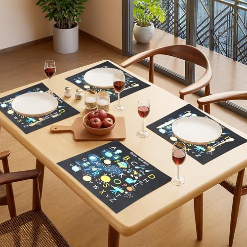 Image of Dining Cloth Table Mats Set of 4 - Alphabet Kids Theme,Digital Print, Washable, Indoor /Outdoor, Heat-Proof, Water Resistant, Wipe & Clean (47X33 cm) Black
