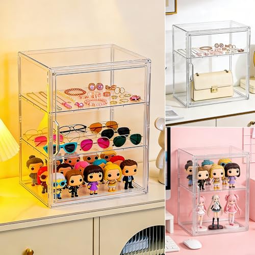 Image of Attelite Acrylic Display Case for Collectibles, Clear Storage Bin with 3 Adjustable Layers, Stackable Storage Box with Magnetic Door for Figures, Home Office,Large,3 Tier Clear Storage Bin,2Pack