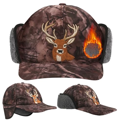 Breathffy Camo Deer Winter Hunting Hat Camo Orange Warm Hat with Sherpa Lined Ear Flap Waterproof Windproof for Men Cold Weather