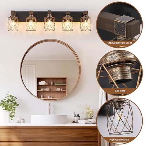 Image of 5-Light Black Gold Farmhouse Vanity Light, Wood & Metal Cage Shade | Mounted Over Mirror, Industrial Rustic Style, Ideal for Bathroom, Bedroom, Hallway & Living Room, Easy To Install
