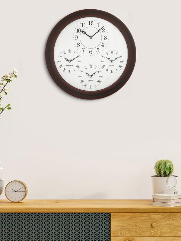 Image of CHRONIKLE Beautiful White Dial Round Wooden World Wall Clock for Home Office Decor, Brown, 20x20 Inch