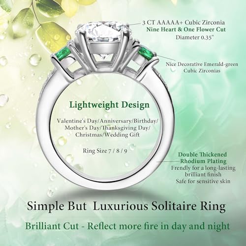 3 CT White Gold Plated Cubic Zirconia Engagement Rings for Women, Brillant Round Simulated Diamond Promise rings for her, Sparkly Solitaire CZ Wedding Bands, Birthday Christmas Gifts, Size 7-8-92