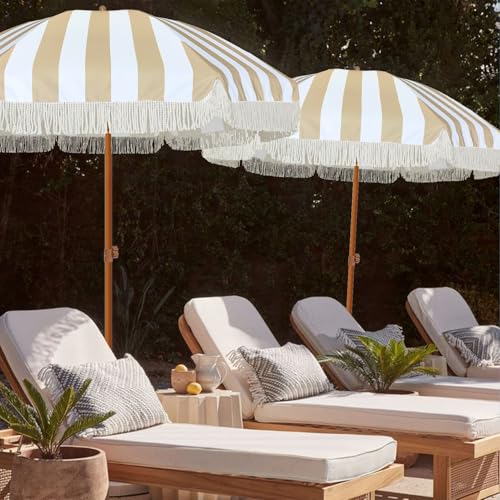 Image of AMMSUN 7ft Patio Umbrella with Fringe Outdoor Tassel Umbrella UPF50+ Premium Steel Pole and Ribs Push Button Tilt, Stripe Beige
