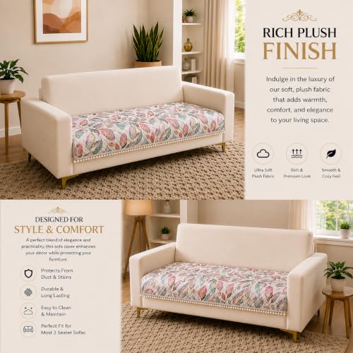 Image of Homerz Premium Printed Quilted Velvet Sofa Slip Cover Protector with Tassels, Sofa Mat, Exact Size, Antislip Cover (Multileaf, 2 Seater, Half)