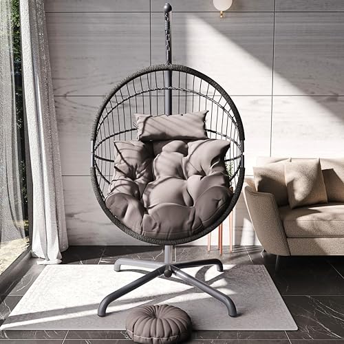 Blisswood Rattan Swing Egg Chair Garden Patio For Indoor Outdoor Hanging Hammock With Cushion & Stand Indoor & Outdoor Chair Upto 150kg Weight Capacity (Dark Grey) 3 Blisswood Rattan Swing Egg Chair Garden Patio For Indoor Outdoor Hanging Hammock With Cushion & Stand Indoor & Outdoor Chair Upto 150kg Weight Capacity (Dark Grey) - Image 3