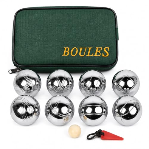 DUAS French Boules Petanque Balls Set in Chrome Steel 3/6/8 Piece Outdoor Game Kit with Wooden Jack Measuring String and Zipped Carry Case for Garden Beach Camping (Set of 8)