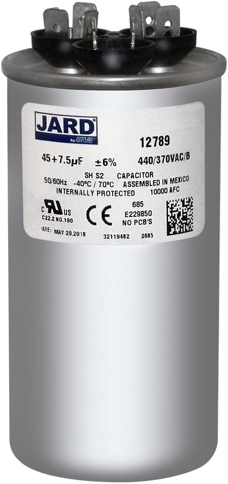 Jard 12789 45 + 7.5 uF MFD x 440 VAC Dual Capacitor Round Replaces GENTEQ GE C44575R / 27L978