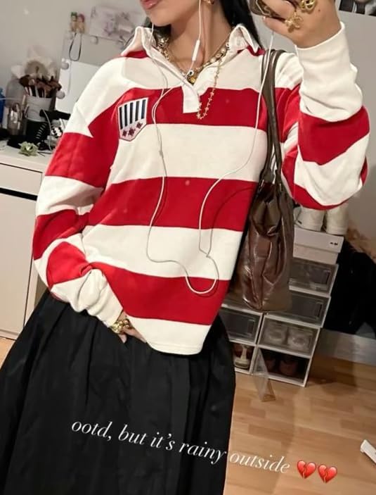 Women Striped Rugby Polo Shirt Y2k Oversized Lapel Collared Pullover Tops Loose Fit Button Up Long Sleeve Shirts - Image 5