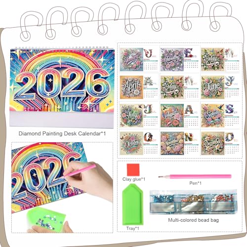 Image of AiYuanzsh 2026 5D Diamond Painting Calendar, DIY Rhinestone Diamond Art Kit Tabletop Ornaments, 12-Month Desk Planner from Jan to Dec, Creative Home Office Desktop Decoration, Craft Gift for Adults