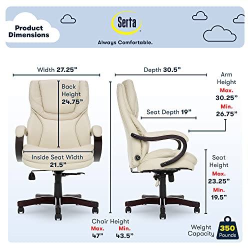 Serta Big And Tall Executive Office Chair With Wood Accents Adjustable High Back Ergonomic Lumbar Support, Bonded Leather, 30.5D X 27.25W X 47H In, Ivory #TOP3