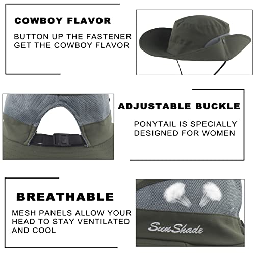 Womens Ponytail Sun Hat Outdoor Uv Protection Foldable Floppy Bucket Hats Wide Brim Summer Beach Fishing Cap Army Green #TOP4