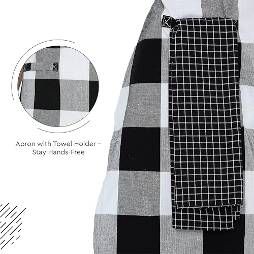 Image of Encasa XO Cotton Cooking kitchen Apron for Women and Men chef apron With adjustable neckstrap, Pocket & Towel Holder for Easy cooking, Baking, BBQ, Gardening- Buffalo Black Checks, 68x85 cm
