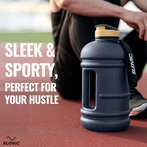 Image of SLOVIC Gallon Water Bottle 2 + Litre | Gym Motivational Sipper Water Bottle for Adults | 100% BPA Free & Leakproof | 2 Litre Sipper for Men & Women with Ergonomic Handle | Dark Blue | 2200 ML