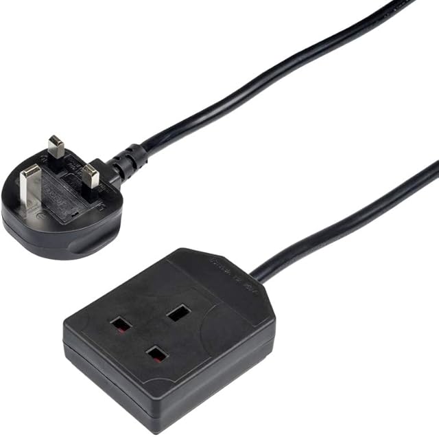 Invero® 1 Way Gang Single Socket Power Mains Extension Lead Cable 15M Metre British Approved 13A Amps - Black