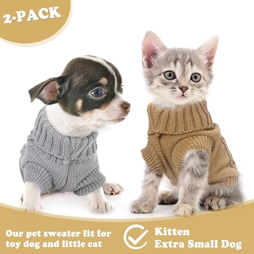 Hundepullover für kleine Hunde, Hundepullover, Herbstkleidung, Winter-Strickwaren, Warmer Welpenpullover, niedlicher Chihuahua-Yorkie-Haustierkleidung, XXS, Braun + Grau, 2er-Pack