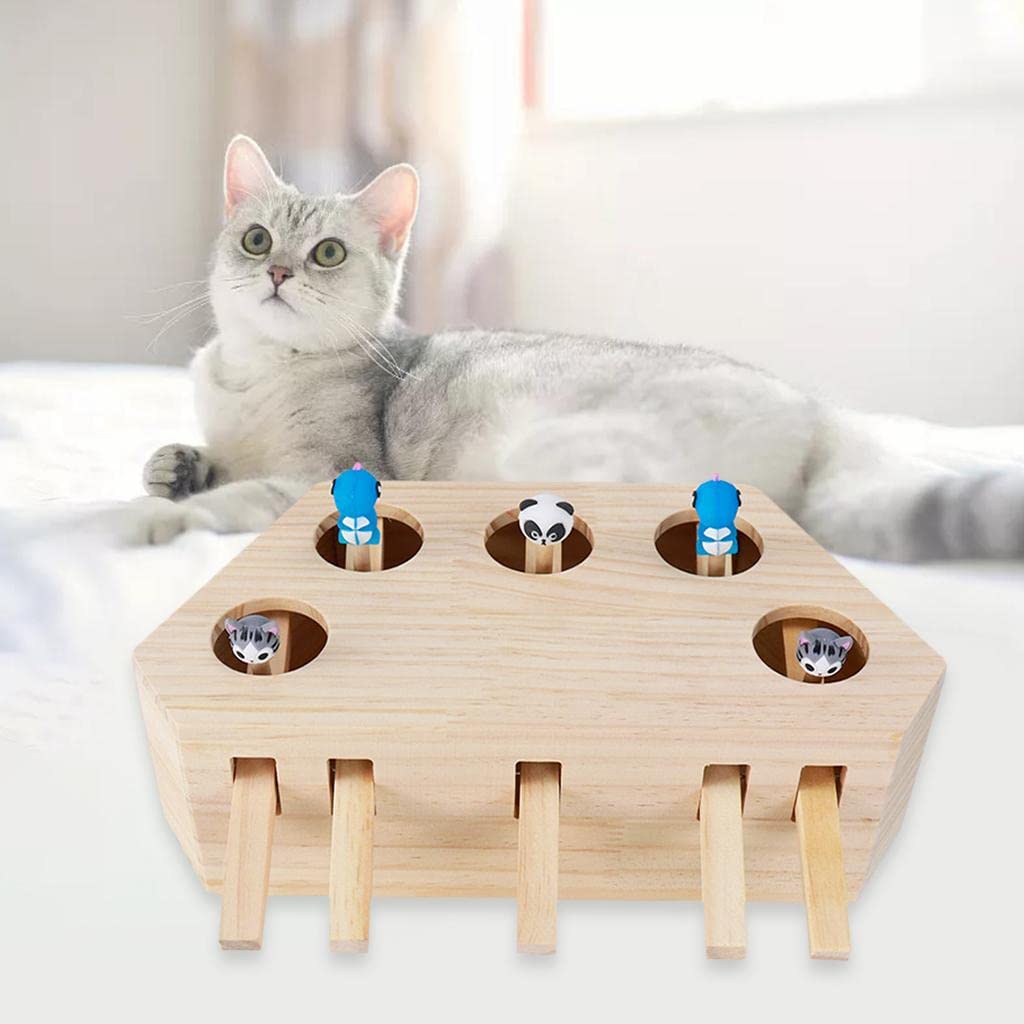 Milageto Caja de para Gatos Juguete Interactivo de Madera con Animales de Silicona Juego de Captura Y Mejora Alertidad Y Estimula Compañerismo, 5 Agujeros