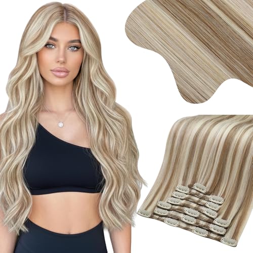 Image of Moresoo Clip in Hair Extensions Brown Blonde Highlights Full Look 16 inch | Human hair clip in extensions, caramel blonde highlights, 135g 7pcs, warm brunette dimension for party-ready styling