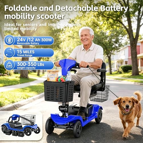 Image of Mobility Scooter,Folding Motorized Scooter,300 lbs Capacity, Equipped with 300W Motor,Removable Battery,Dual Baskets,15 Miles Travel,Suitable for All Terrains (Blue)