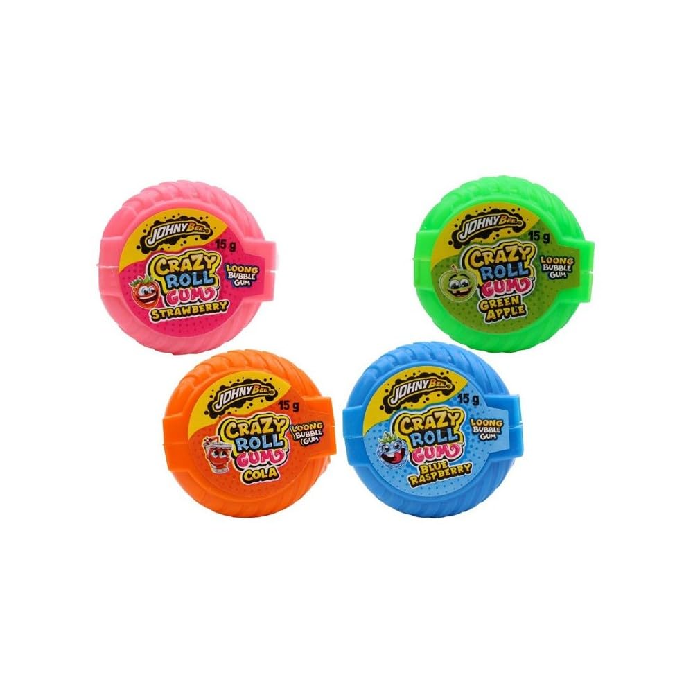 JohnyBee Crazy Roll Gum- Sabor-manzana verde-fresa-frambuesa- cola 36 piezas