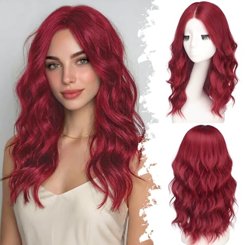 Image of Eawwii Wigs for Women Berry Red,Short Wavy Synthetic Lace Wig | Glueless 4x1 Lace Hairline, Heat-Resistant Fiber,Bob Wave Style,Natural Appearance for Everyday Cosplay 18 Inch
