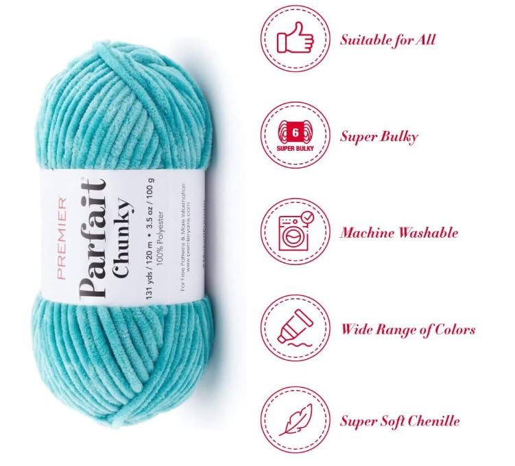 Image of Premier Yarns Parfait Chunky Chenille Yarn 3.5 Oz 6 Super Bulky Weight 3 Pack Bundle with Bella's Stitch Place Holders (Lagoon)