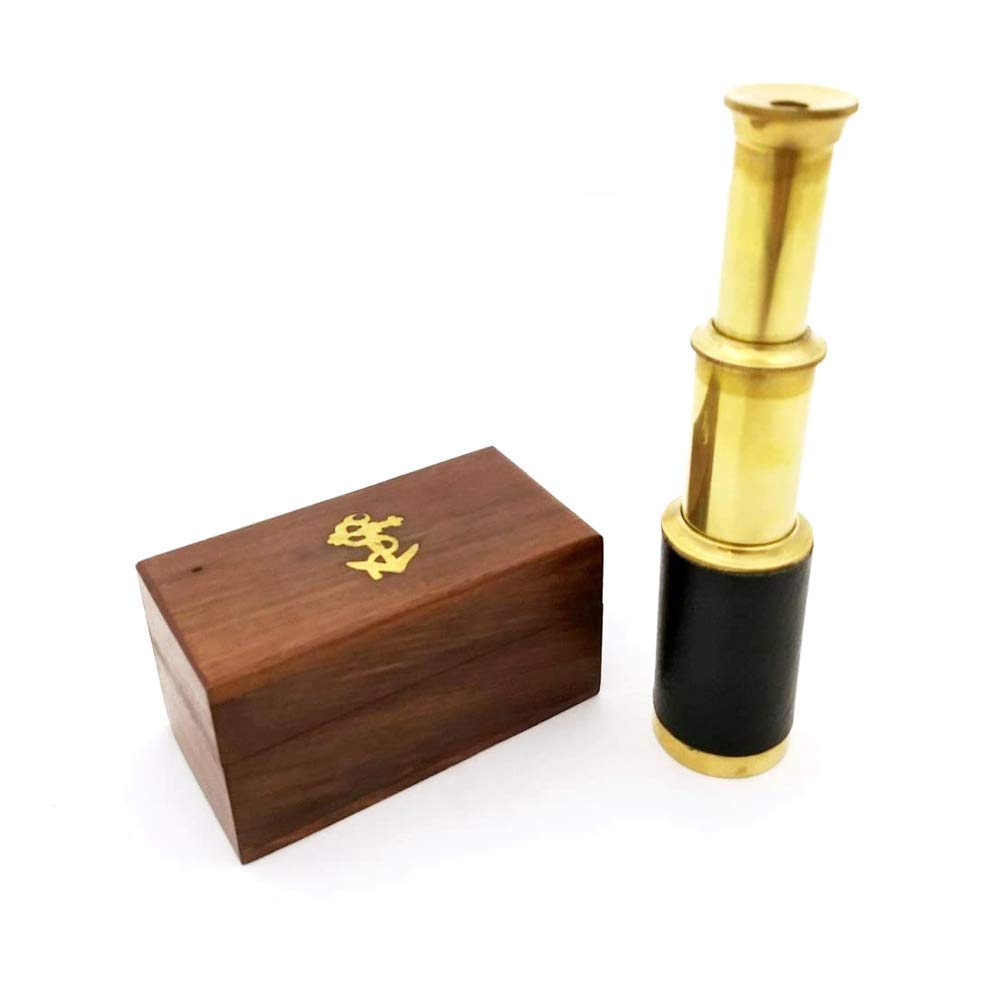 6 Inch Brass Handed Telescope with Wooden Box for Navigation - Pocket Telescope